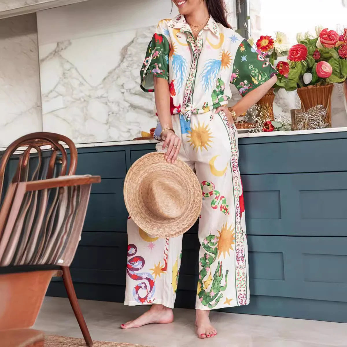 Conjunto Feminino de Camisa e Calça Estampa Digital - Sharon Stone