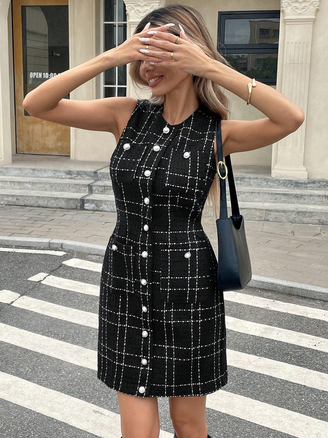 Serisse Vestido de Tweed com Botões de Pérola Elegante Feminino