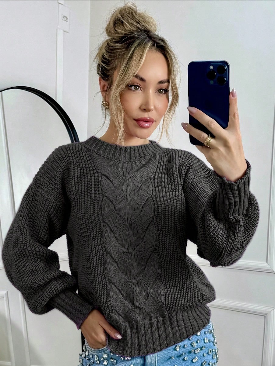 Blusa De Frio Suéter Tricot Feminino Manga Bufante Longa Trança No Meio Coleção Inverno - Sofia