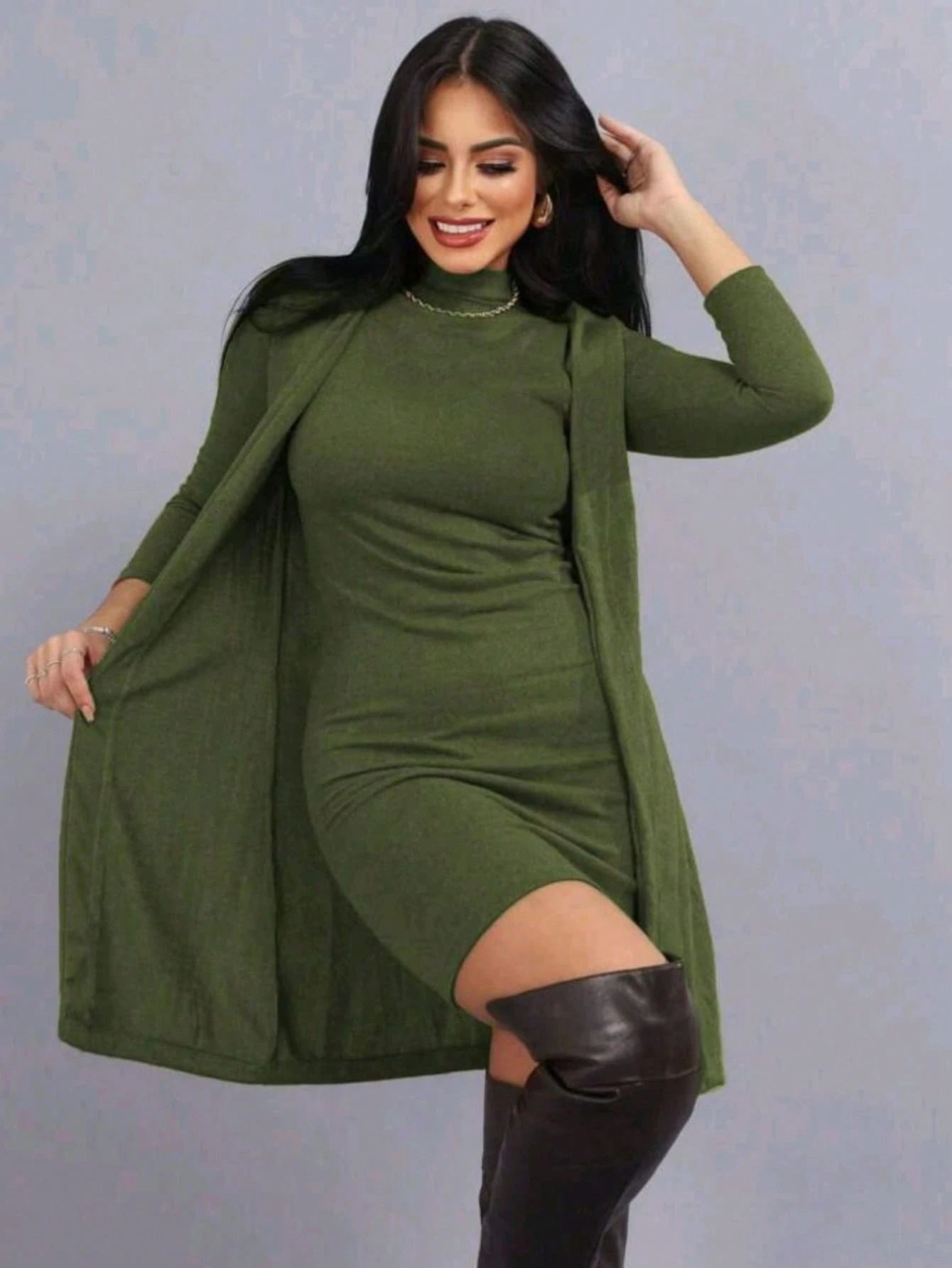 Conjunto Inverno Cardigan Manga Longa Vestido Regata Gola Alta