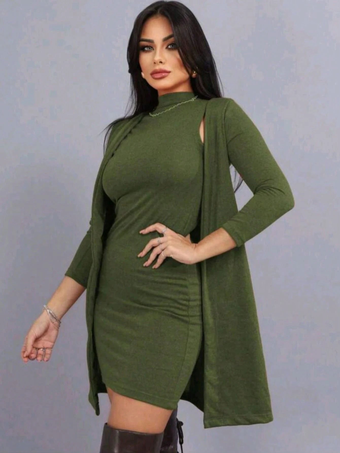 Conjunto Inverno Cardigan Manga Longa Vestido Regata Gola Alta