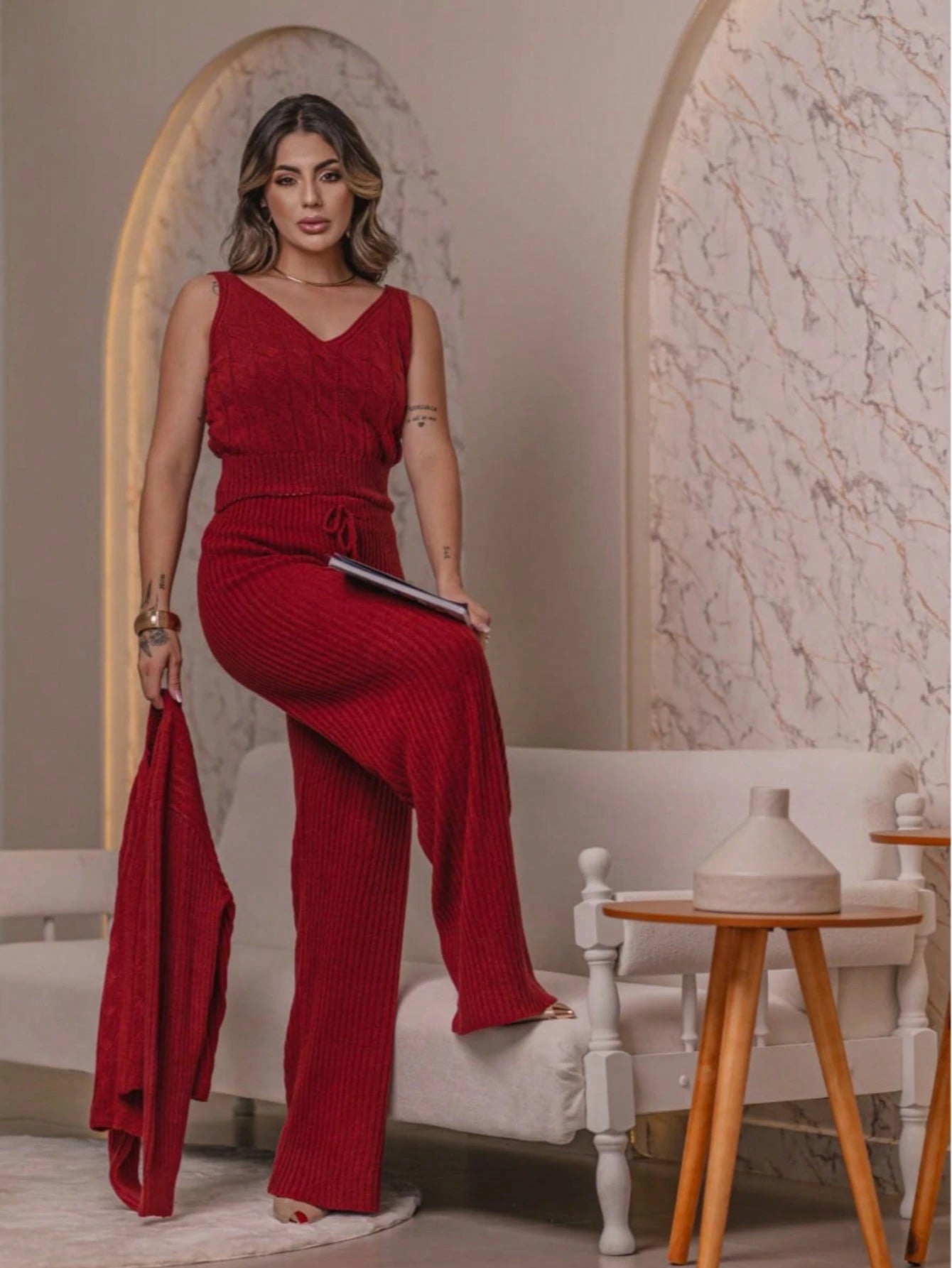 Trijunto 3 Peças Casaquinho Regata e Calça Tricot