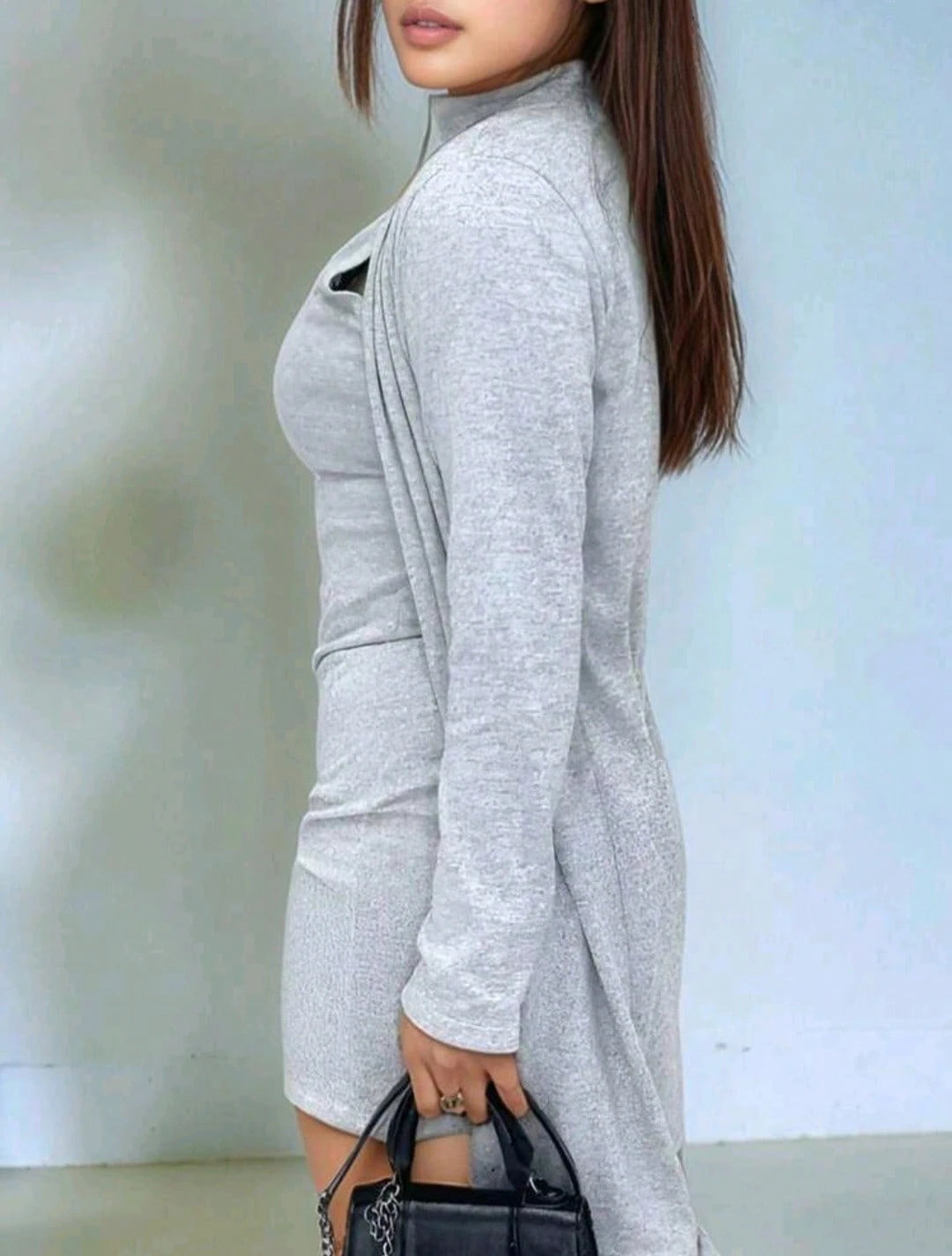Conjunto Inverno Cardigan Manga Longa Vestido Regata Gola Alta