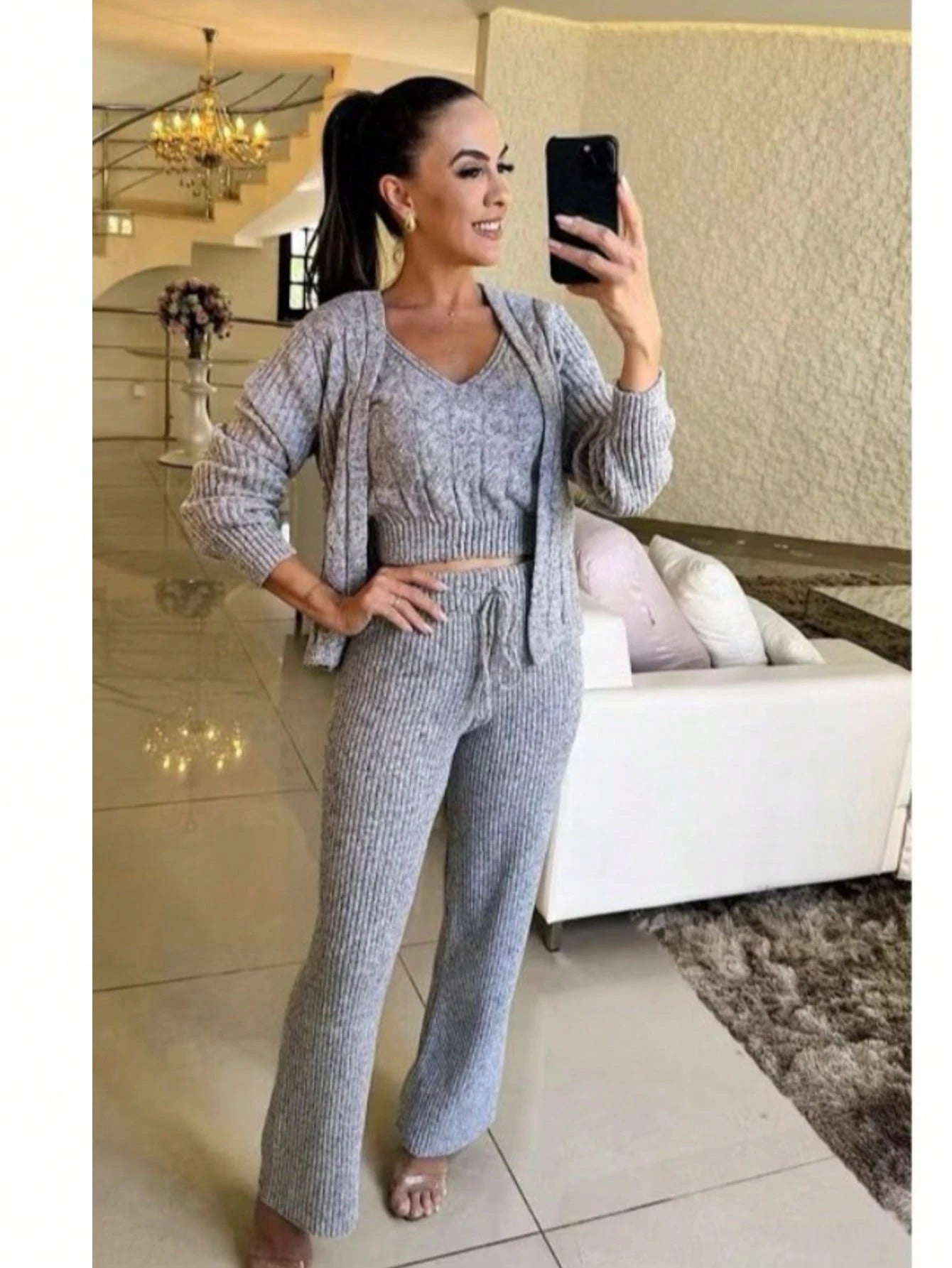 Conjunto Simples Carro Salto alto Casual Fofo Sensual elegante Boho Tricô de malha Diário