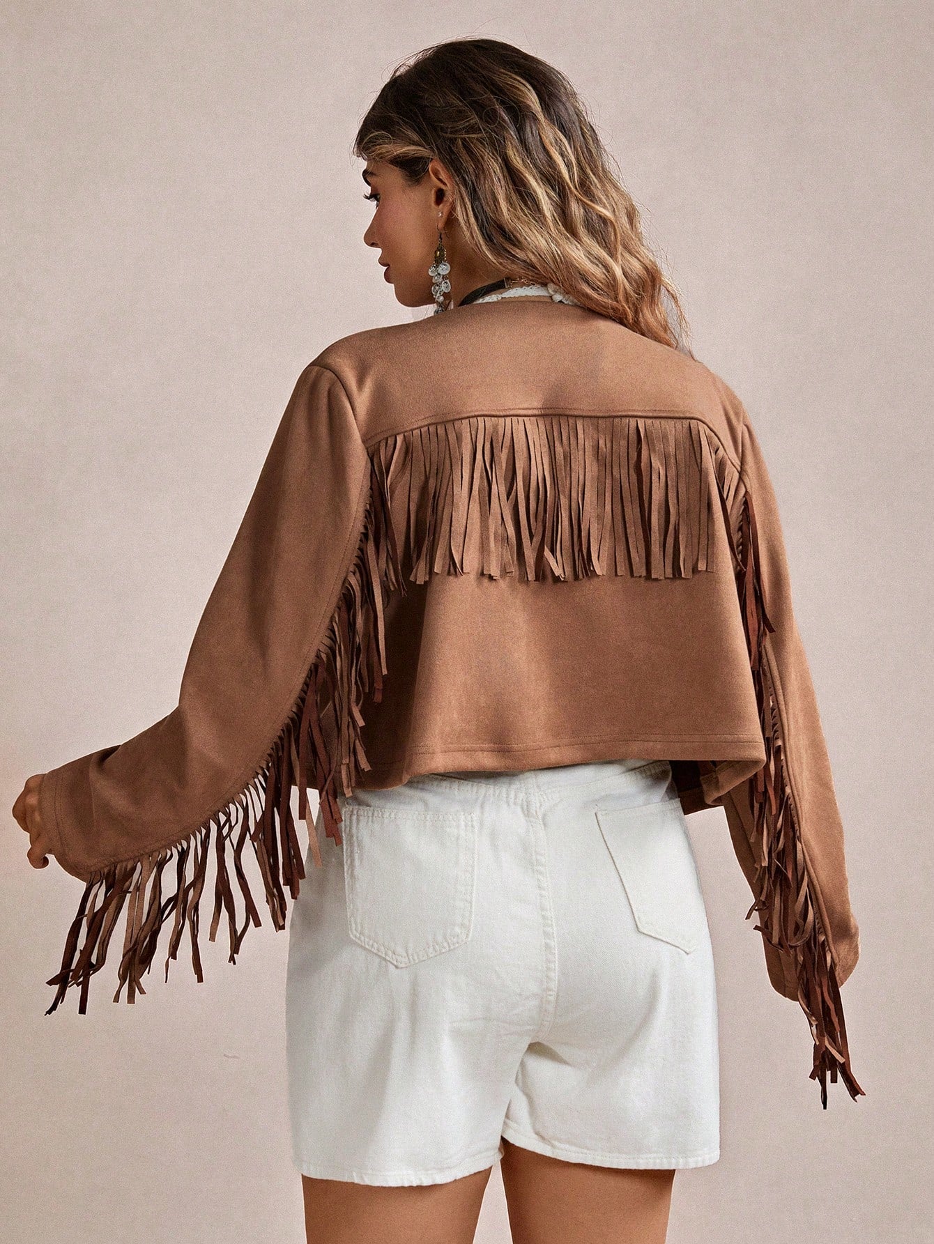 Freevana Jaqueta de Suedete com Franja na Abertura Frontal, Para Inverno