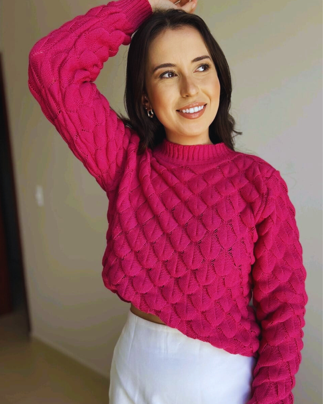 Suéter Feminina Malha Tricot Quente Coleção Inverno Blusa Cropped Desenho Escamas - Nataly