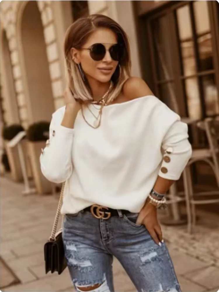 Gola inclinada fora do ombro sexy manga comprida botão cor sólida camiseta feminina moda high street elegante namoro outono topo