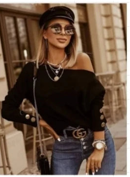 Gola inclinada fora do ombro sexy manga comprida botão cor sólida camiseta feminina moda high street elegante namoro outono topo