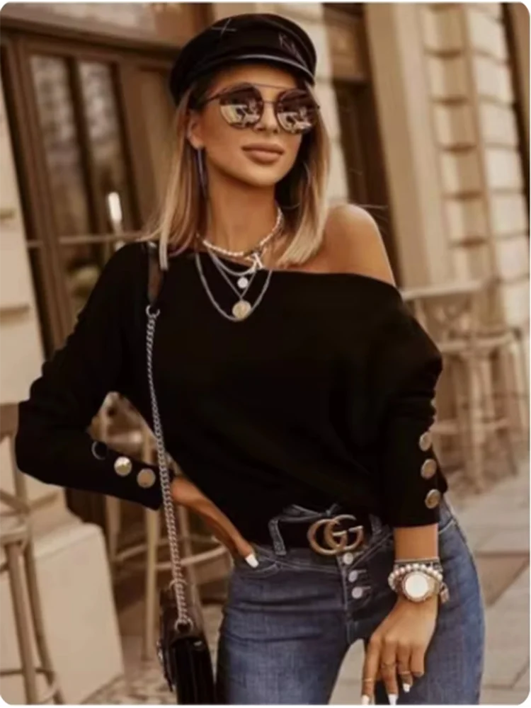 Gola inclinada fora do ombro sexy manga comprida botão cor sólida camiseta feminina moda high street elegante namoro outono topo
