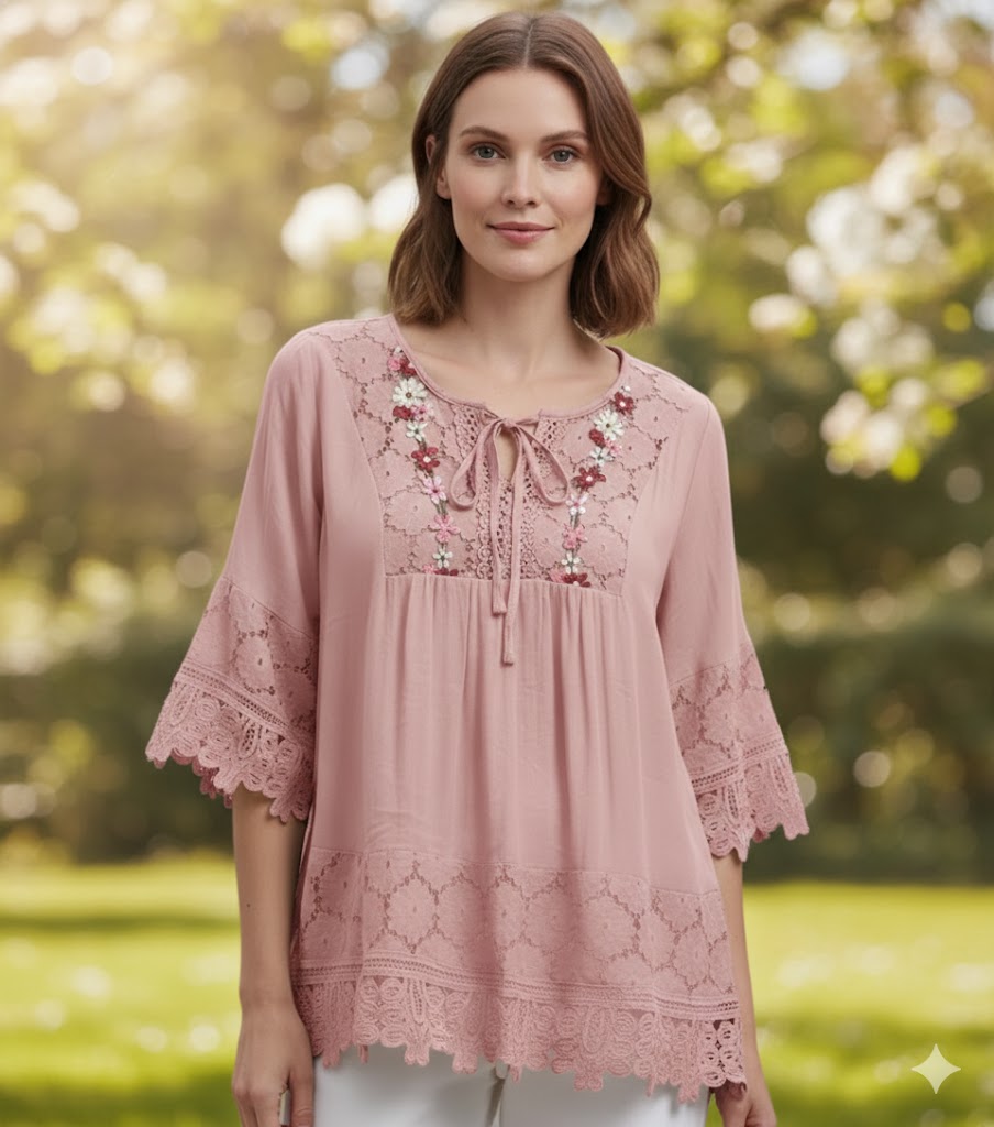 Blusa Feminina Casual  Primavera Verão 2026 Algodão e Linho Detalhes de Renda Sharpe Solto  Tamanhos  P ao 3 XG Plus Size - Marisa