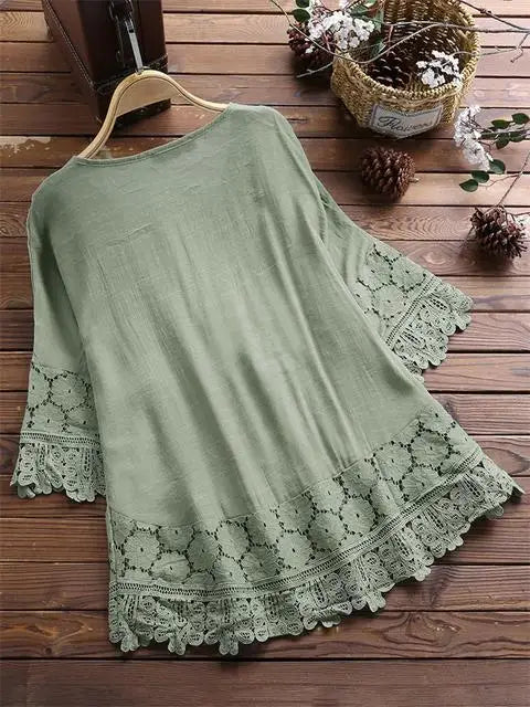 Blusa Feminina Casual  Primavera Verão 2026 Algodão e Linho Detalhes de Renda Sharpe Solto  Tamanhos  P ao 3 XG Plus Size - Marisa