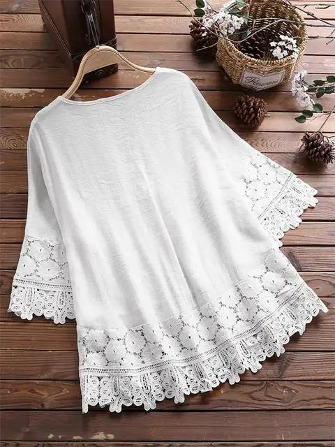 Blusa Feminina Casual  Primavera Verão 2026 Algodão e Linho Detalhes de Renda Sharpe Solto  Tamanhos  P ao 3 XG Plus Size - Marisa