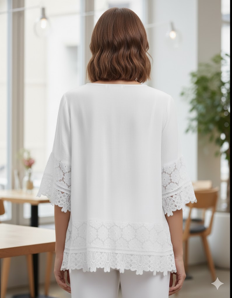 Blusa Feminina Casual  Primavera Verão 2026 Algodão e Linho Detalhes de Renda Sharpe Solto  Tamanhos  P ao 3 XG Plus Size - Marisa