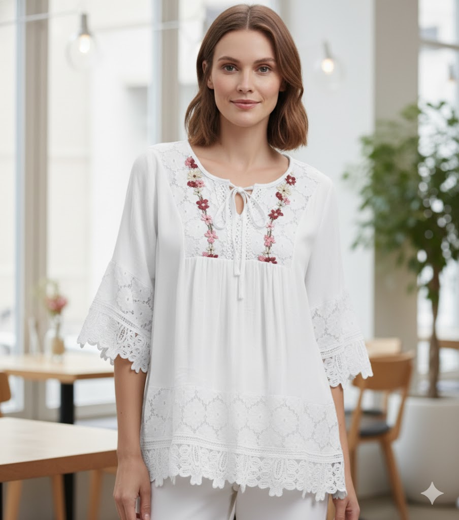 Blusa Feminina Casual  Primavera Verão 2026 Algodão e Linho Detalhes de Renda Sharpe Solto  Tamanhos  P ao 3 XG Plus Size - Marisa