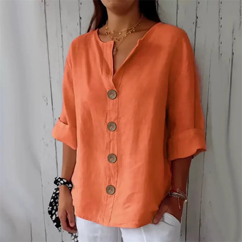 Verão solto camisa feminina com decote em v algodão linho botão superior camisas casuais sólida moda elegante escritório roupas femininas 2025 blusa