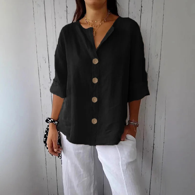 Verão solto camisa feminina com decote em v algodão linho botão superior camisas casuais sólida moda elegante escritório roupas femininas 2025 blusa