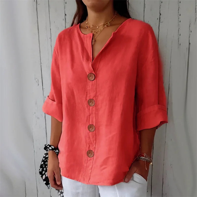 Verão solto camisa feminina com decote em v algodão linho botão superior camisas casuais sólida moda elegante escritório roupas femininas 2025 blusa