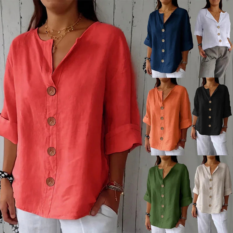Verão solto camisa feminina com decote em v algodão linho botão superior camisas casuais sólida moda elegante escritório roupas femininas 2025 blusa