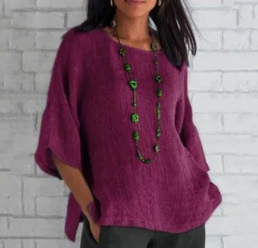 Mulheres blusa de linho de algodão camisas verão feminino o-pescoço três quartos solto blusa sólida topos FYY-10718 oversized S-5XL