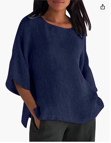 Mulheres blusa de linho de algodão camisas verão feminino o-pescoço três quartos solto blusa sólida topos FYY-10718 oversized S-5XL