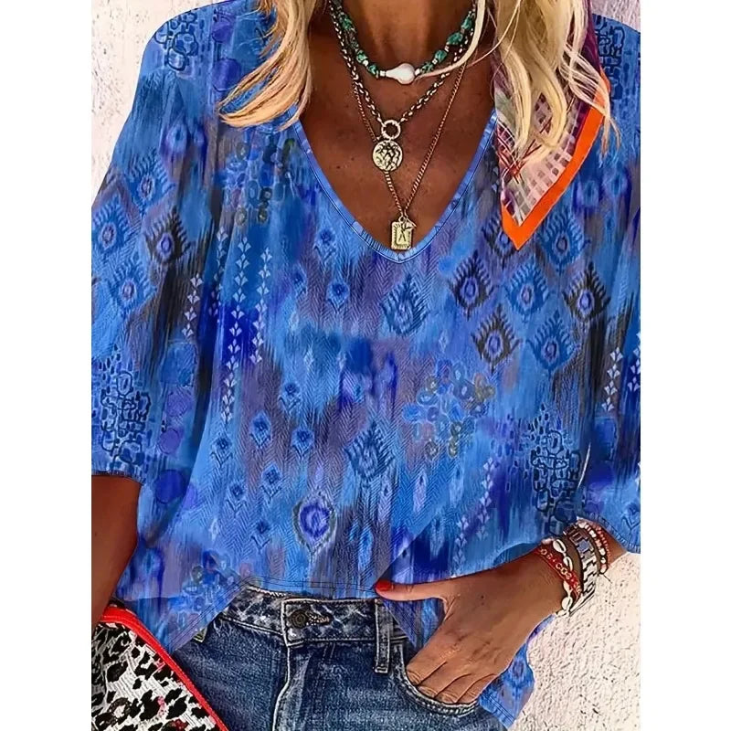 Blusa Feminina Plus Size Estampa Digital Estilo Fashion Casual Decote V Coleção Primavera - Verão 2026 - Salette 