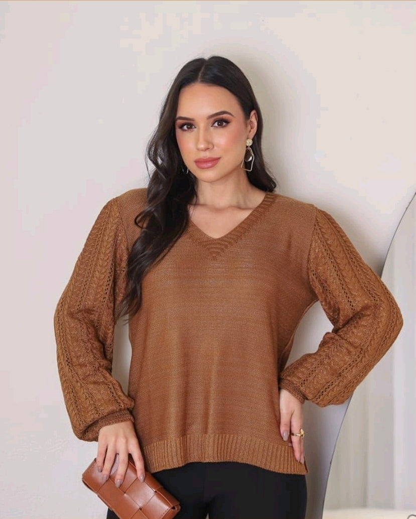 Blusa Feminina Tricot Decote V Manga Desenhada Suéter Coleção Inverno Cores - Fátima