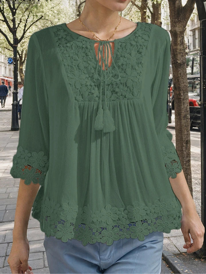 Blusa Feminina com Renda e Manga 3/4 Elegante Casual - Valeria 