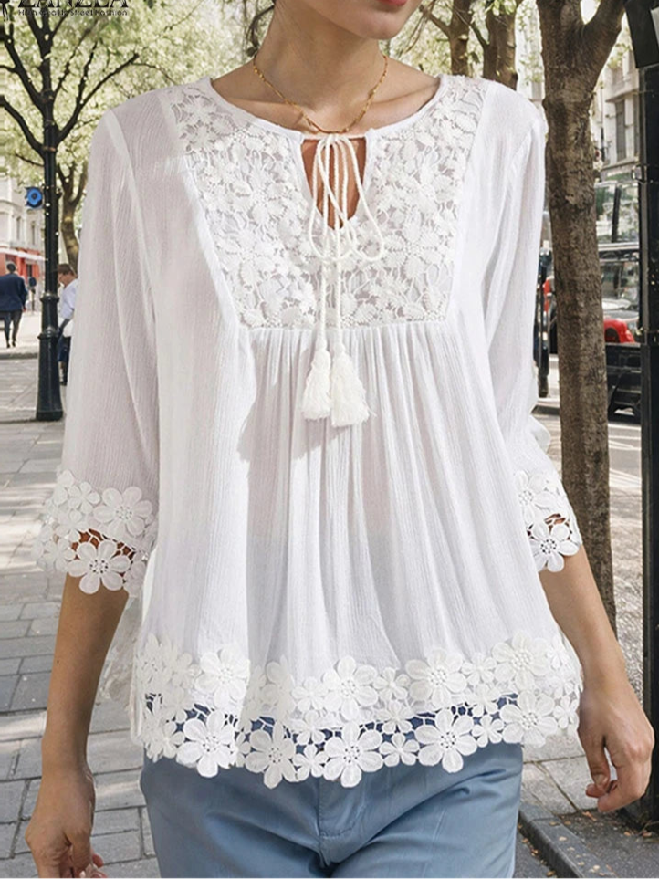 Blusa Feminina com Renda e Manga 3/4 Elegante Casual - Valeria 