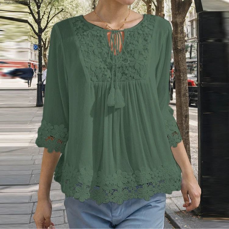 Blusa Feminina com Renda e Manga 3/4 Elegante Casual - Valeria 
