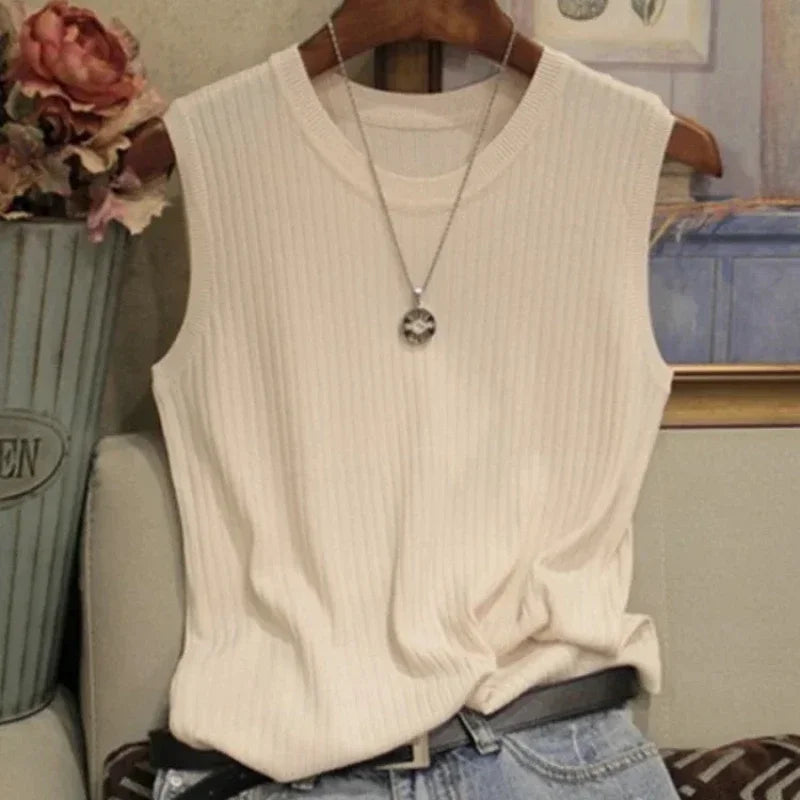 Blusa Regata Feminina Tricotada Decote Redondo sem mangas  - Rose