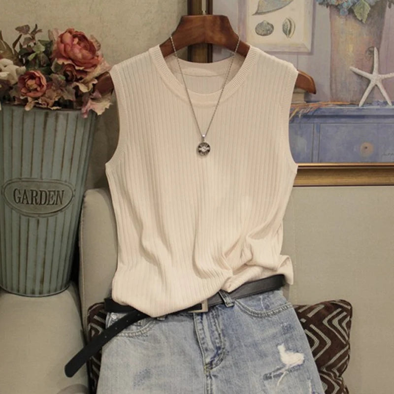 Blusa Regata Feminina Tricotada Decote Redondo sem mangas  - Rose