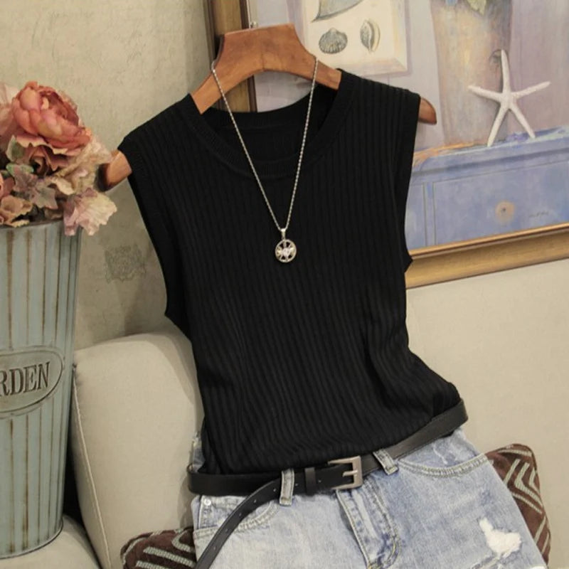 Blusa Regata Feminina Tricotada Decote Redondo sem mangas  - Rose