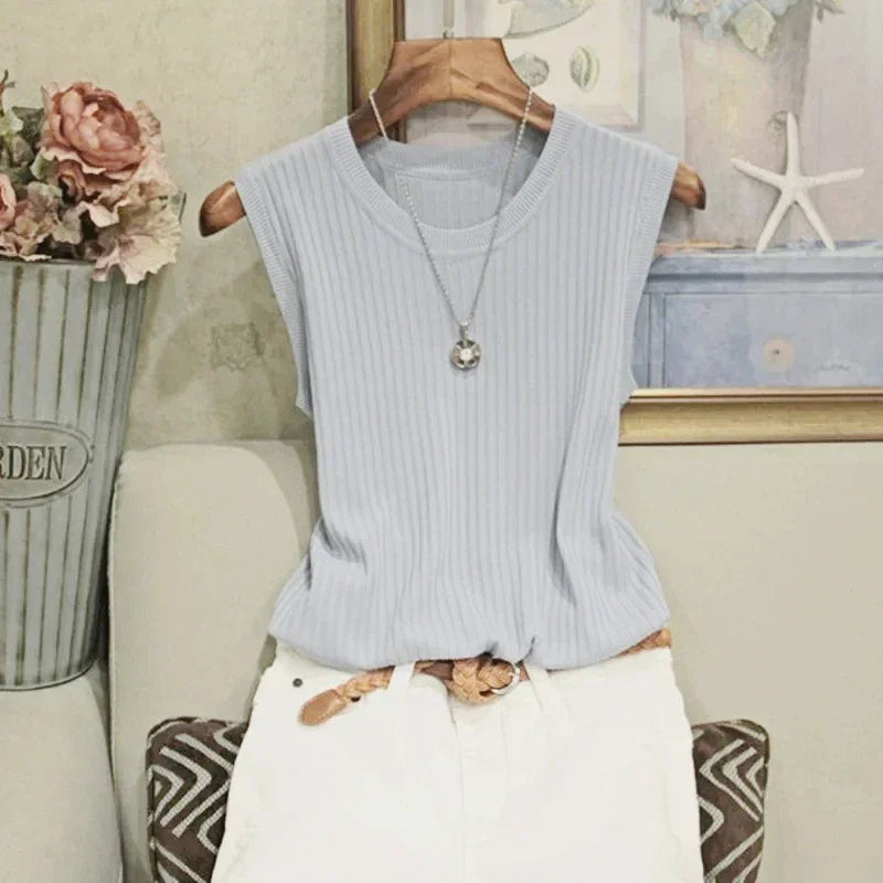 Blusa Regata Feminina Tricotada Decote Redondo sem mangas  - Rose