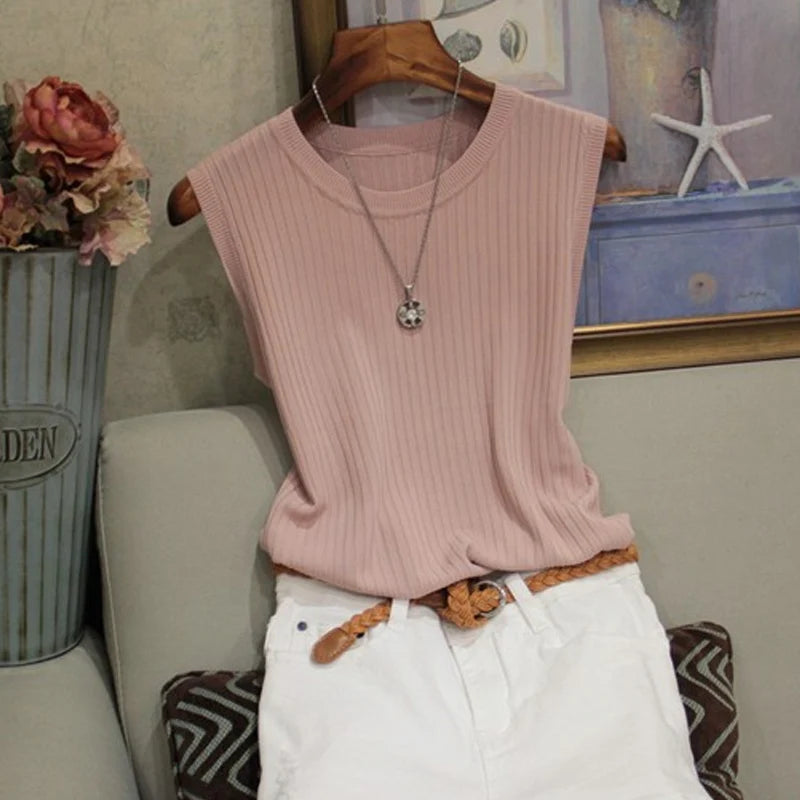 Blusa Regata Feminina Tricotada Decote Redondo sem mangas  - Rose