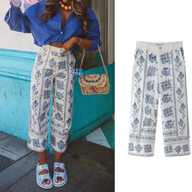 calça dunaCalça Feminina Reta Bordado Floral Cintura Alta - Duna