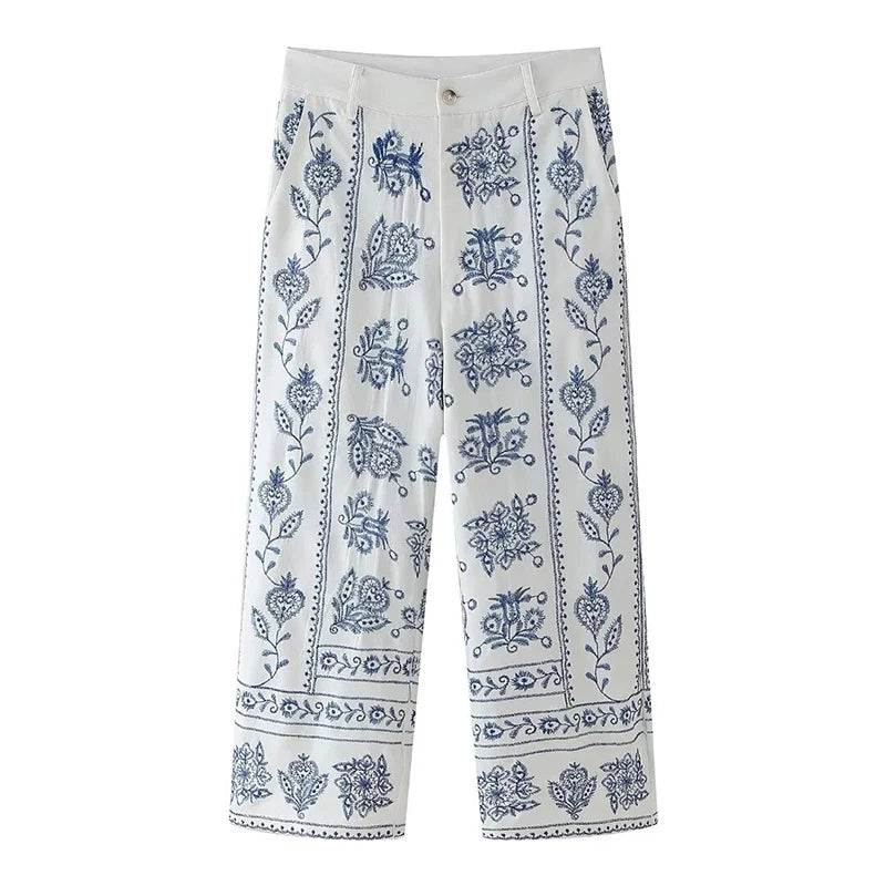 calça frente Calça Feminina Reta Bordado Floral Cintura Alta - Duna