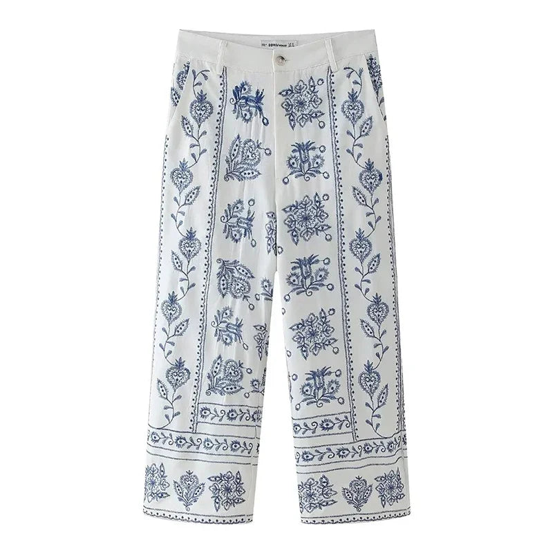 frente Calça Feminina Reta Bordado Floral Cintura Alta - Duna
