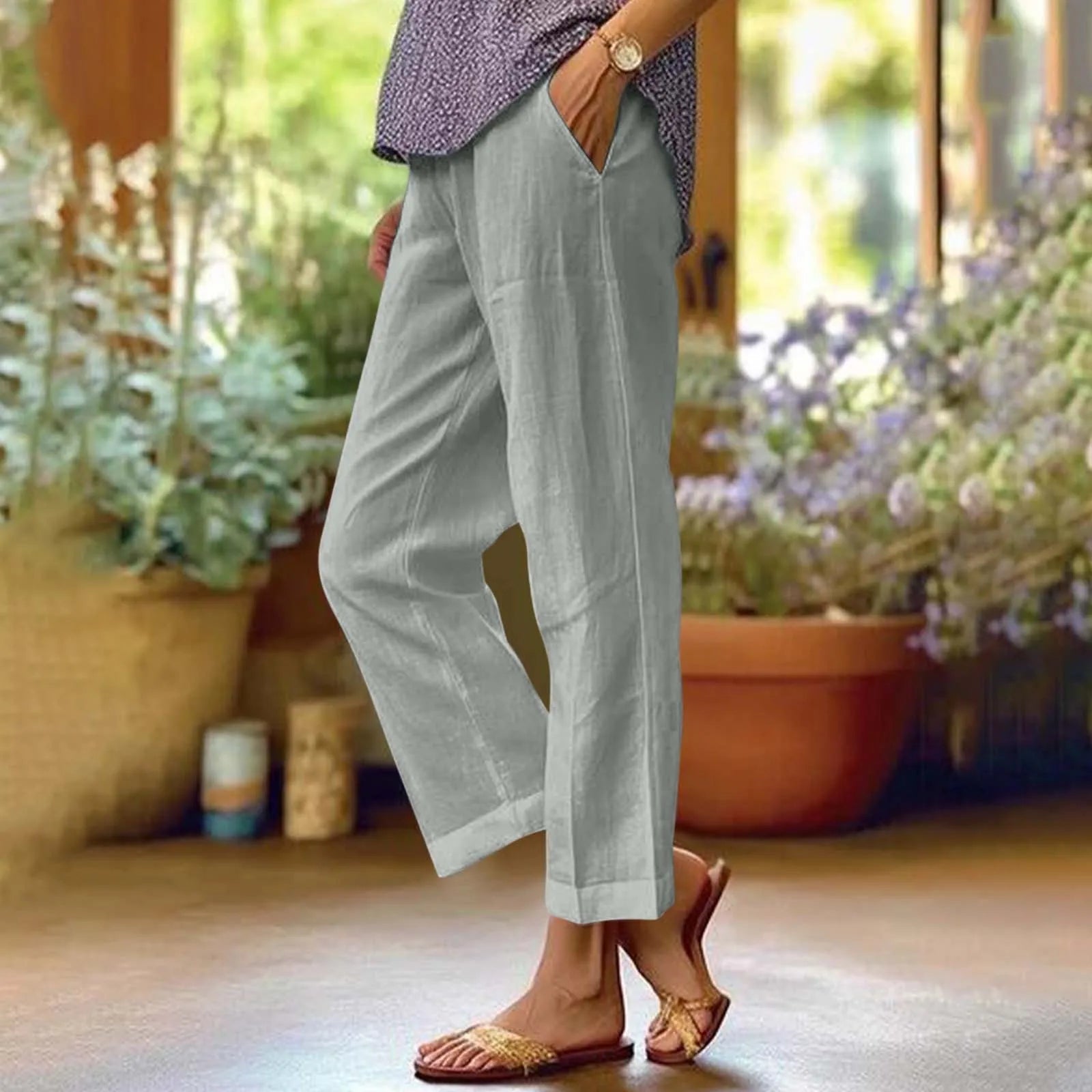 Calças Femininas retas com bolsos, de algodão e linho, moda urbana e casual - Camila