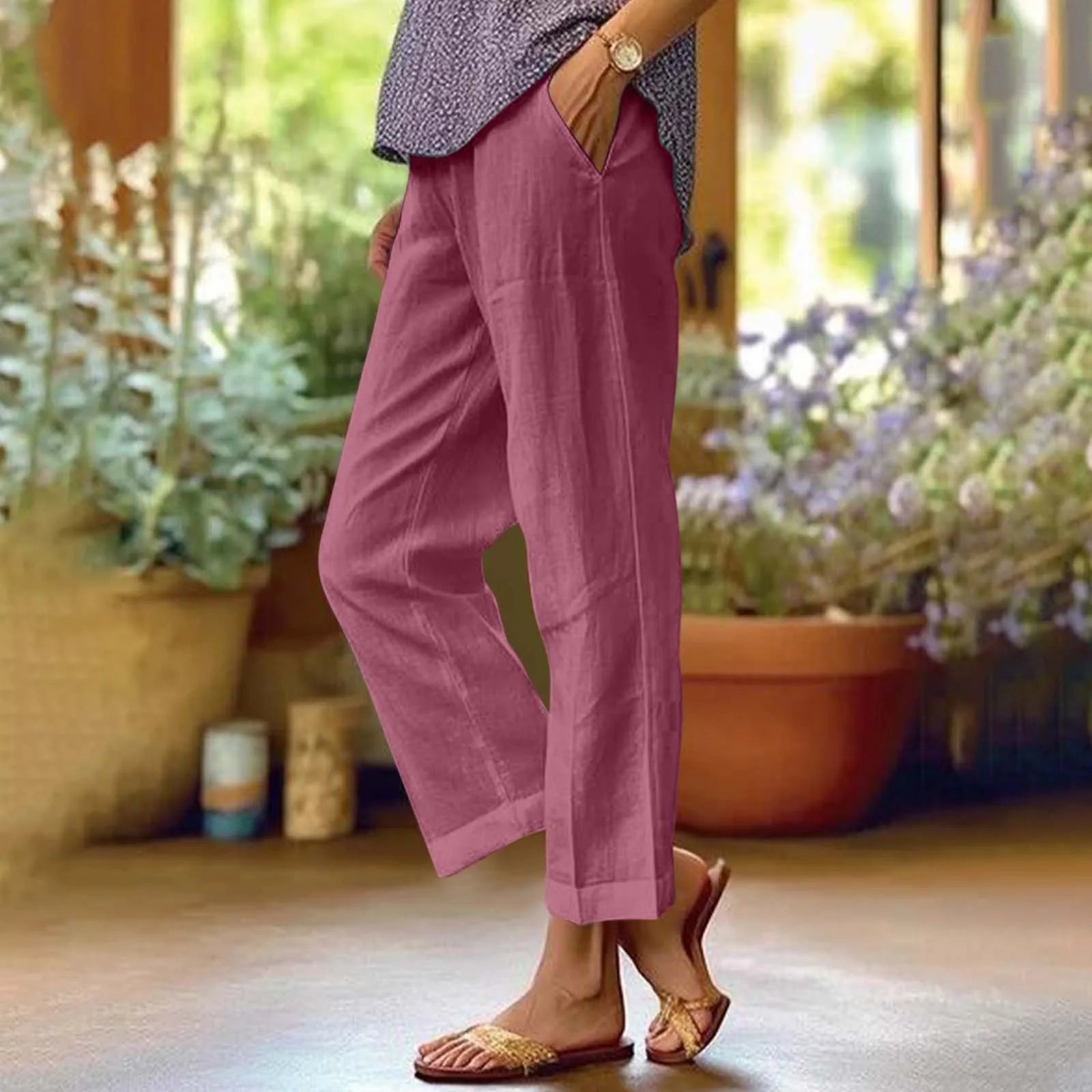 Calças Femininas retas com bolsos, de algodão e linho, moda urbana e casual - Camila