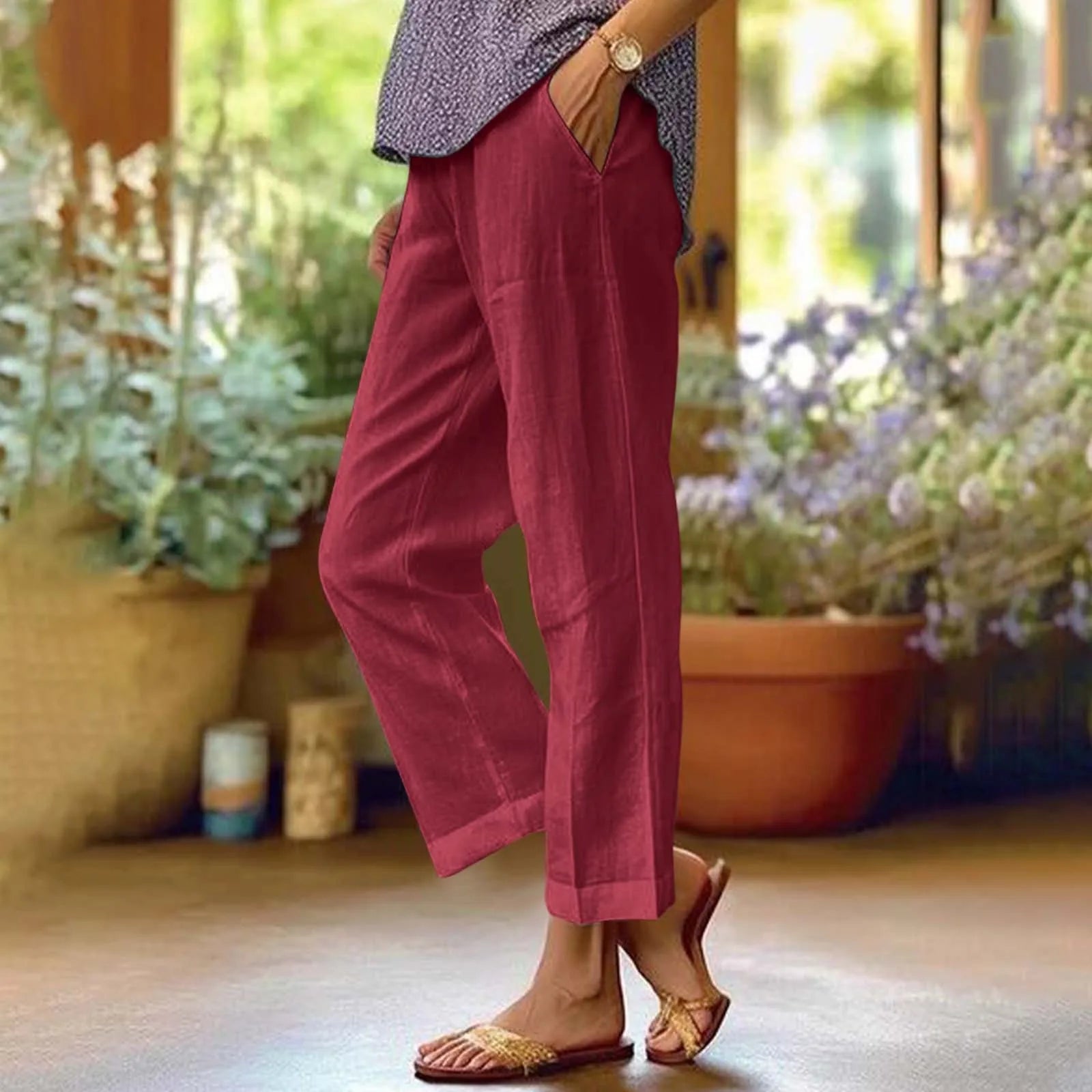 Calças Femininas retas com bolsos, de algodão e linho, moda urbana e casual - Camila