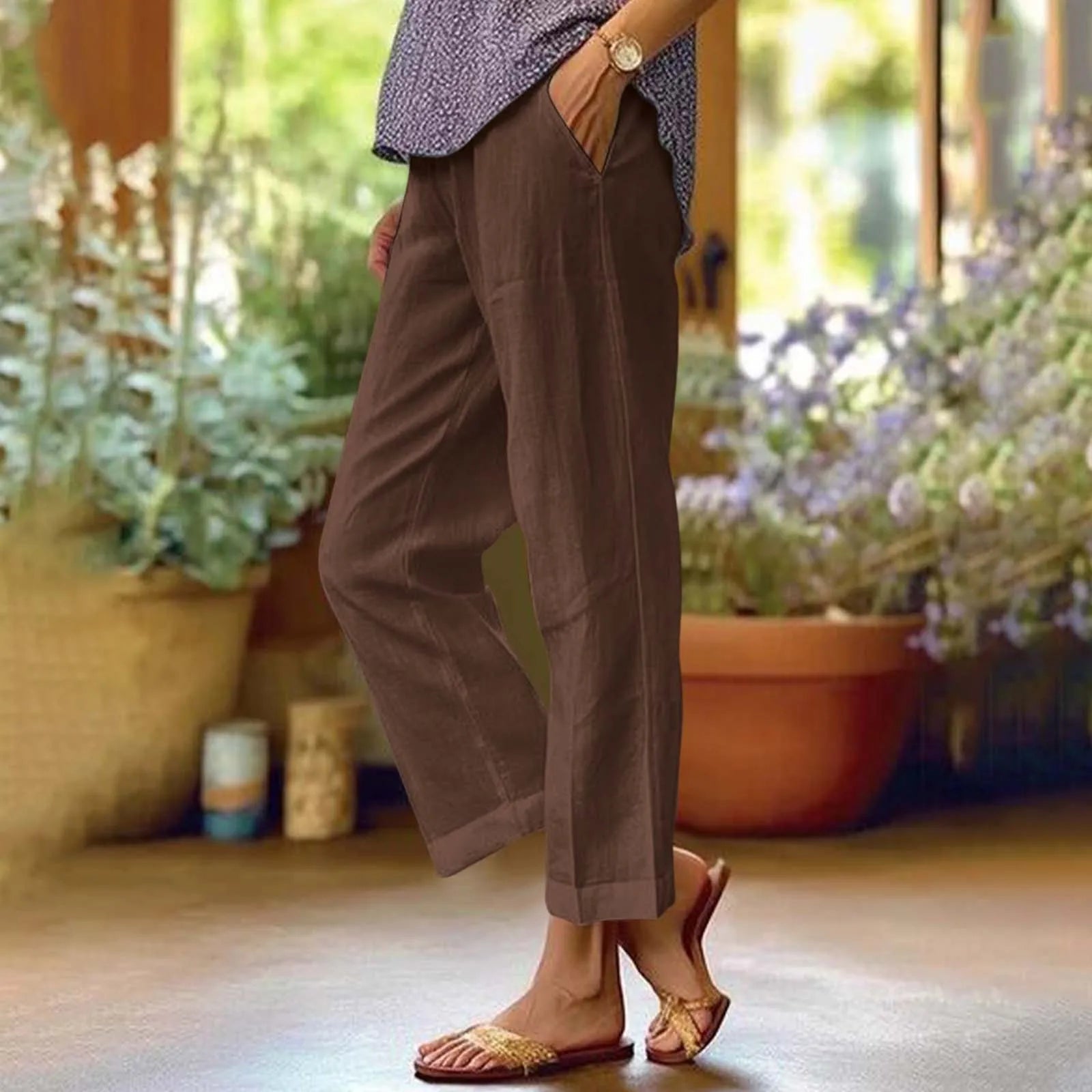 Calças Femininas retas com bolsos, de algodão e linho, moda urbana e casual - Camila