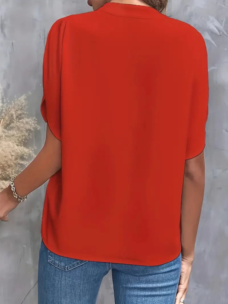 Camisa Feminina Elegante Clasica Casual Varias Cores Gola V Manga Curta com Detalhe Caimento Solto - Denisse