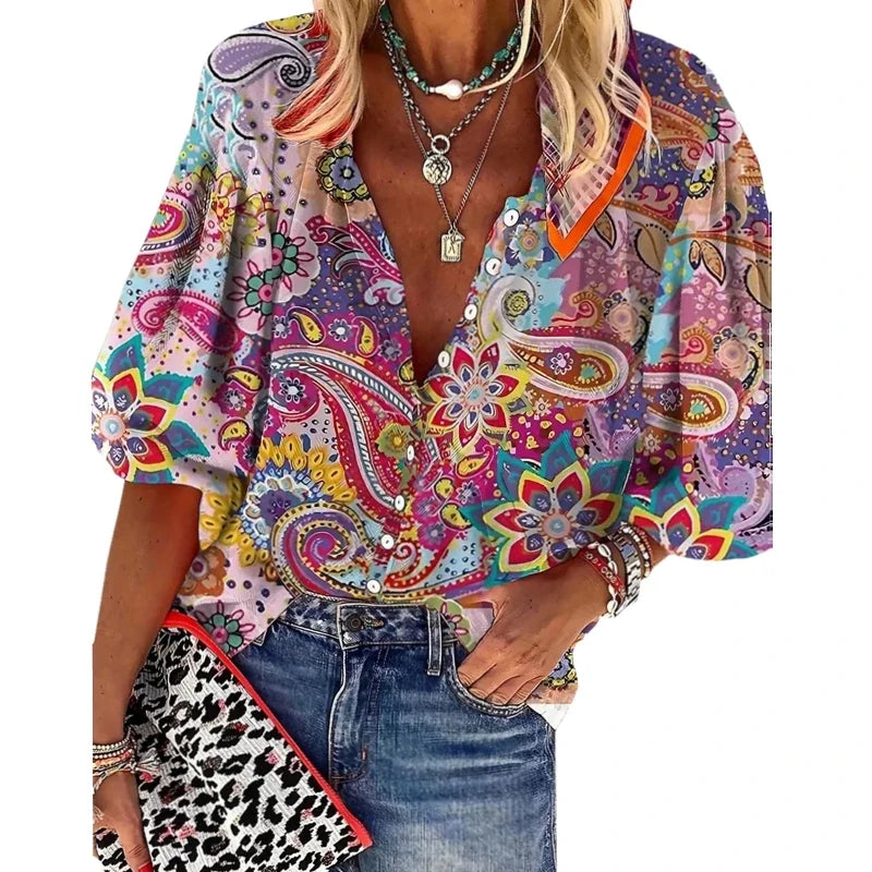 Camisa Feminina Plus Size Estampa Digital Decote V Confortavél  Estilo Casual Fashion Coleção Primavera - Verão 2026 - Adriely