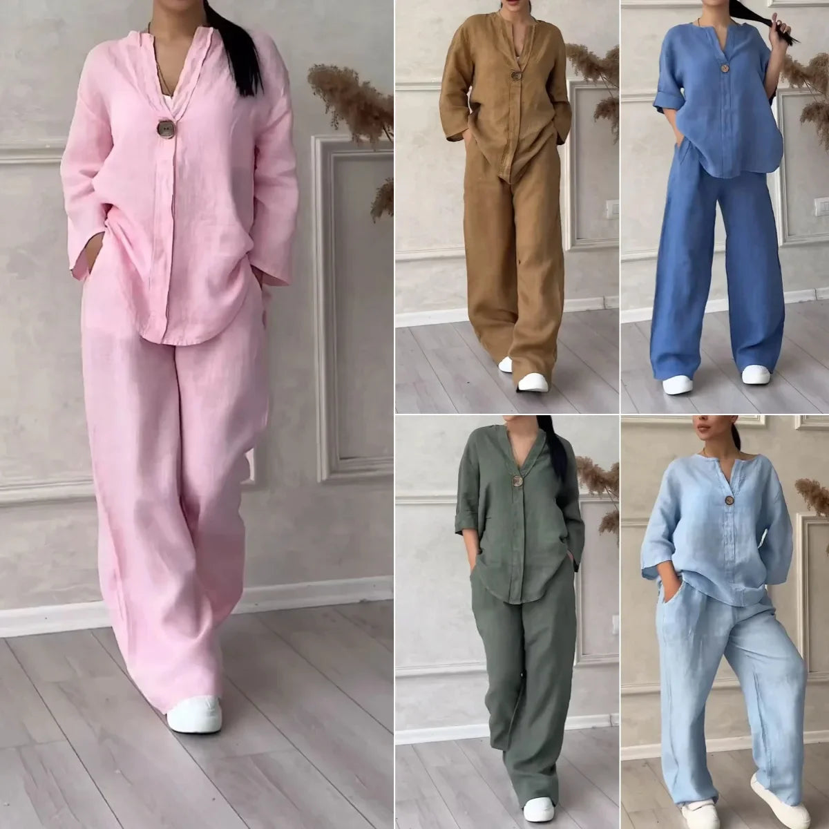 outono plus size solto casual cor pura algodão linho moda manga longa conjunto esportivo para mulher confortável respirável