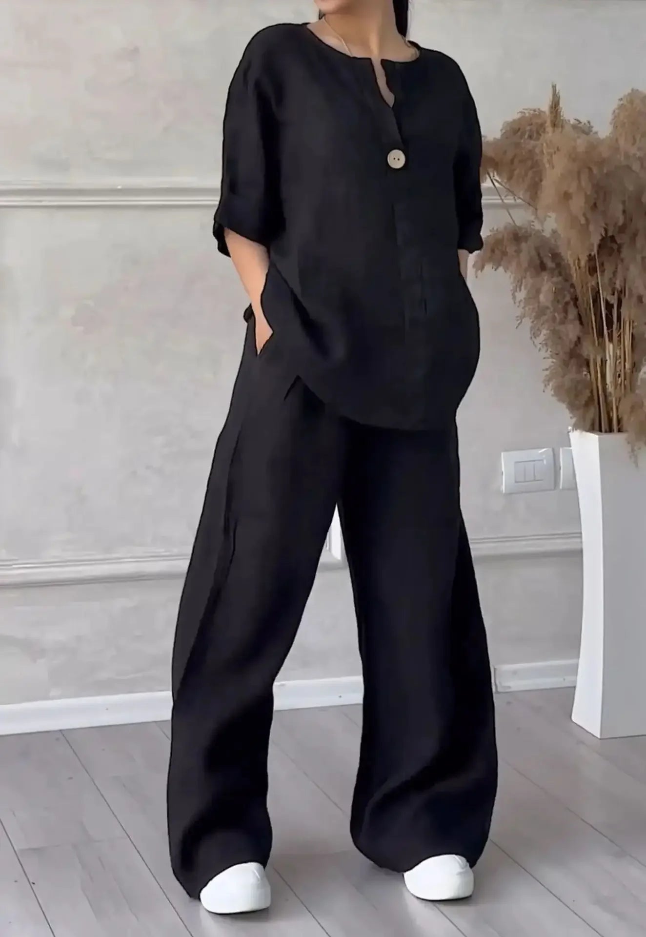  outono plus size solto casual cor pura algodão linho moda manga longa conjunto esportivo para mulher confortável respirável