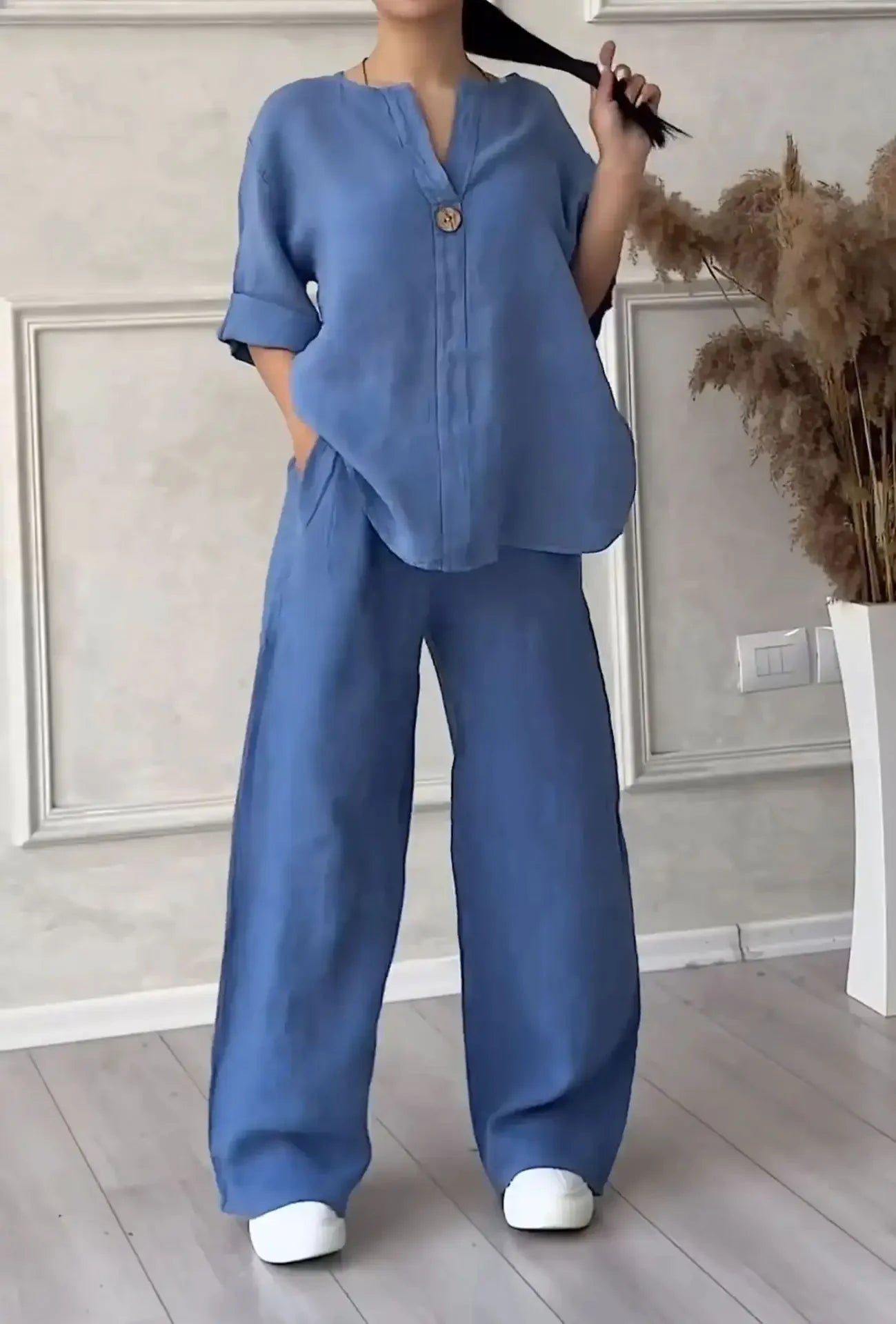 Conjunto Esportivo Plus Size de Algodão e Linho - Heloisa  outono plus size solto casual cor pura algodão linho moda manga longa conjunto esportivo para mulher confortável respirável