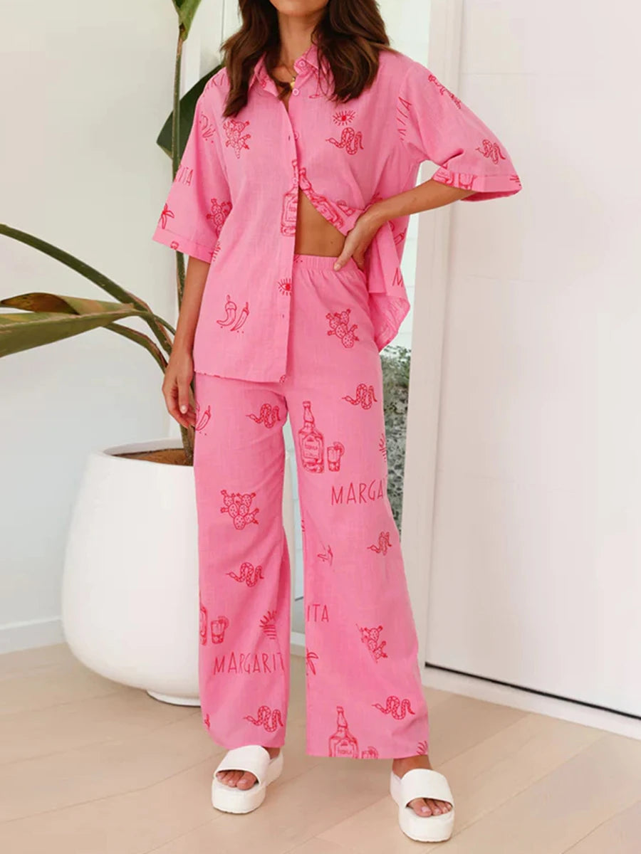 Conjunto Boho 2 Peças Estampas Digitais Blusa Manga Curta Calças Largas - Penélope Cruz
