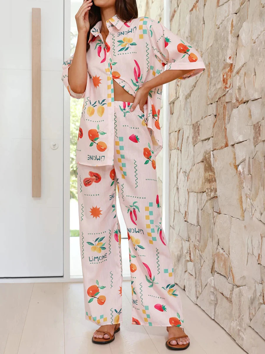 Conjunto Boho 2 Peças Estampas Digitais Blusa Manga Curta Calças Largas - Penélope Cruz