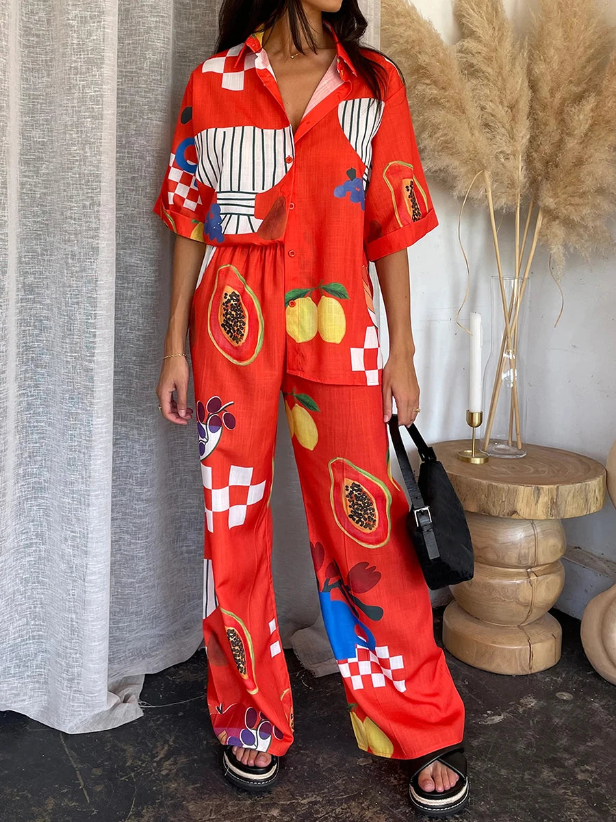 Conjunto Boho 2 Peças Estampas Digitais Blusa Manga Curta Calças Largas - Penélope Cruz
