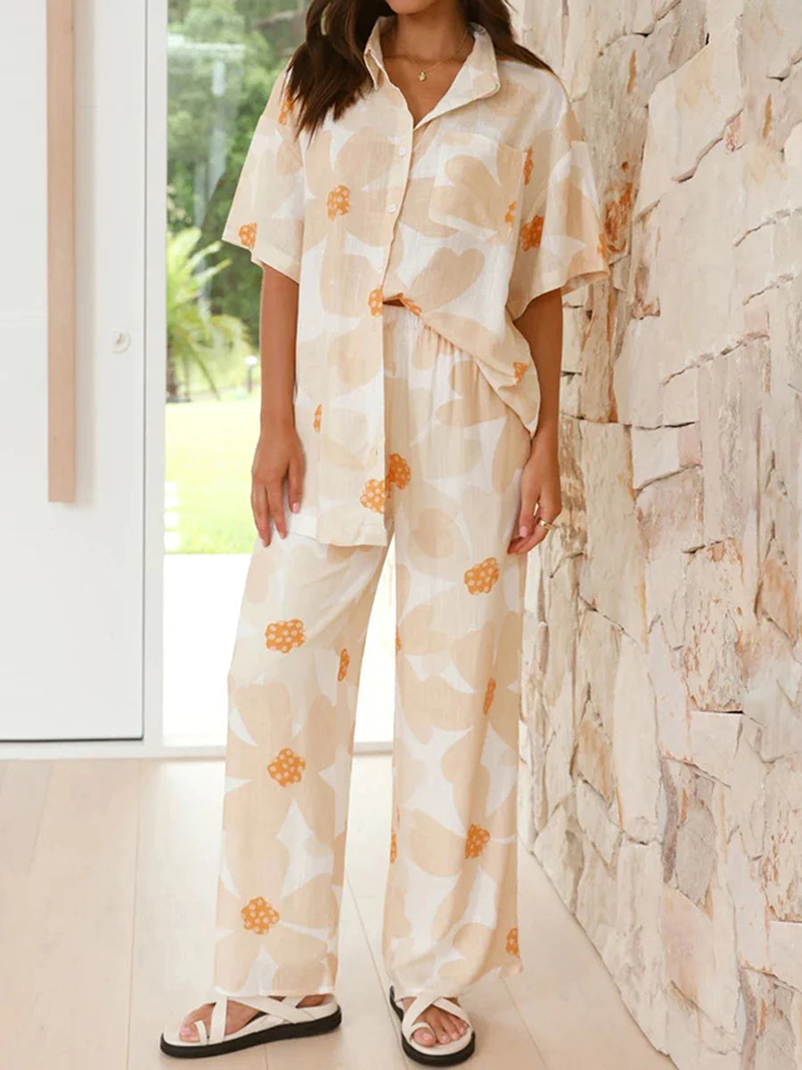 Conjunto Boho 2 Peças Estampas Digitais Blusa Manga Curta Calças Largas - Penélope Cruz